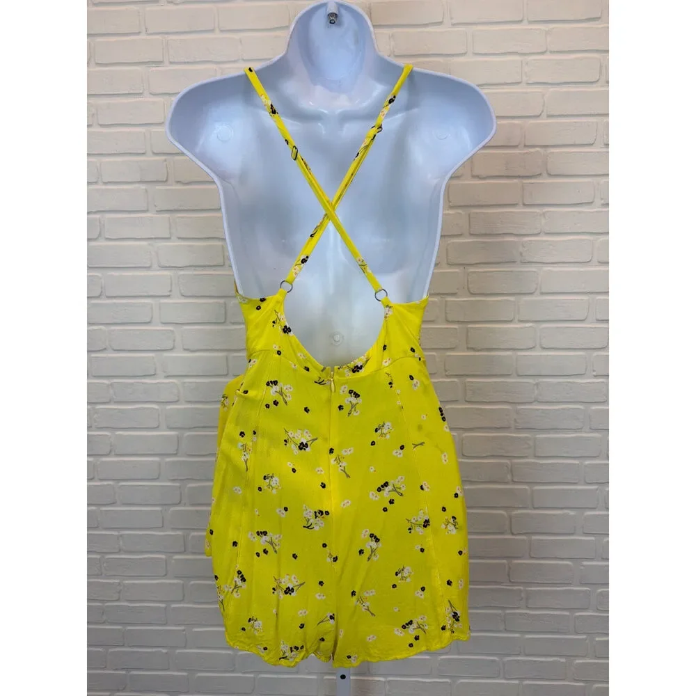 Free People Bright Yellow Floral Wrap Romper Size 2